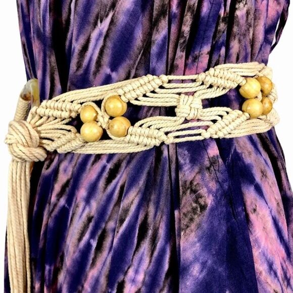 Vintage 70’s Macrame Bohemian Braided Rope Belt with Wood Beads - Picture 8 of 9